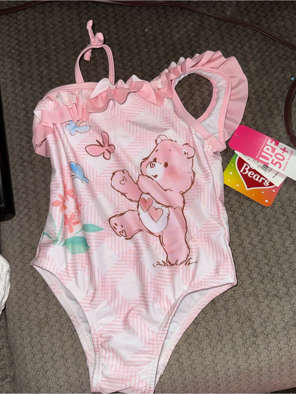 Care Bears Pink Ruffle One-Piece Swimsuit with Butterfly Print